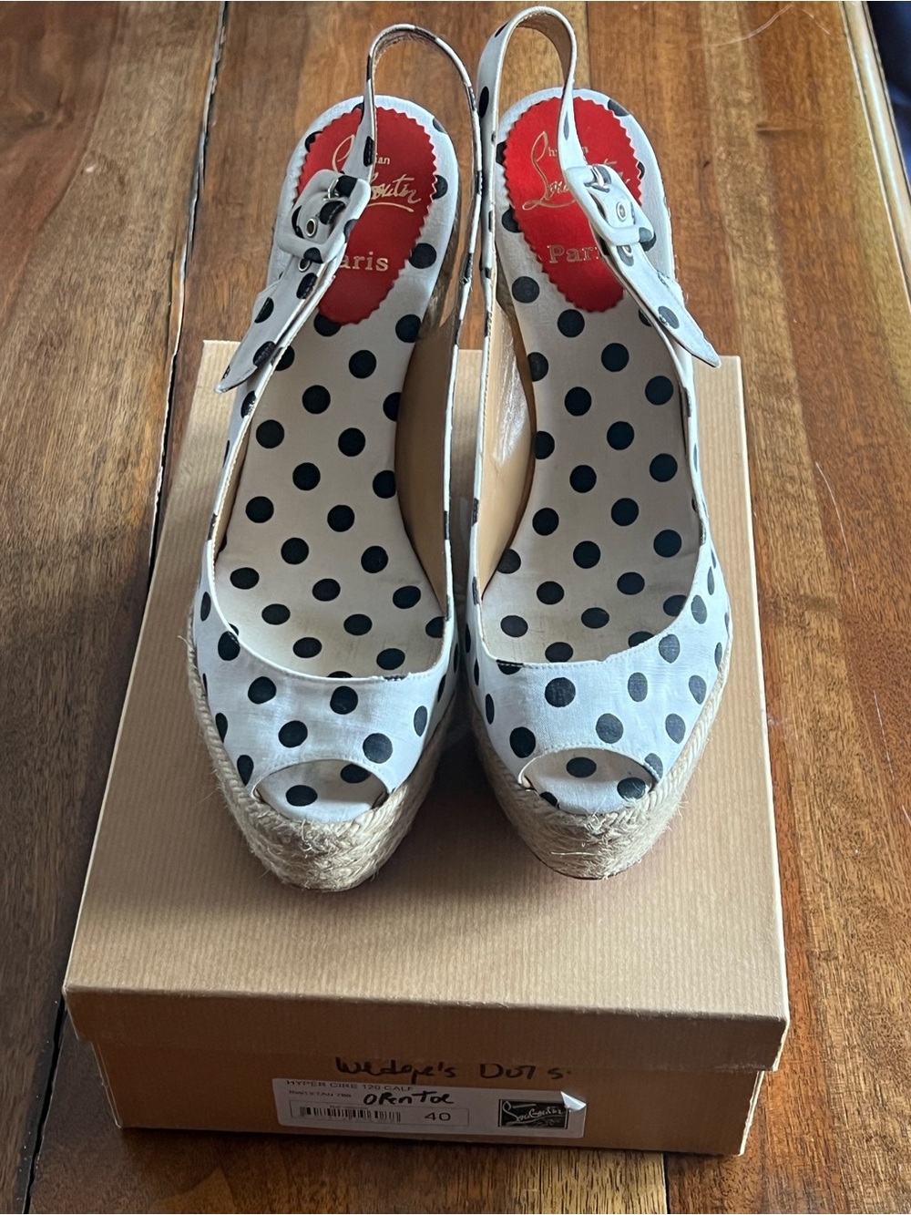 Christian Louboutin White and Black Polka Dot Espadrille Wedge Slingbacks